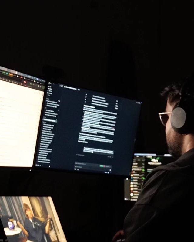 Arfan at his desk with headphones on, two monitors of code and data in front of him